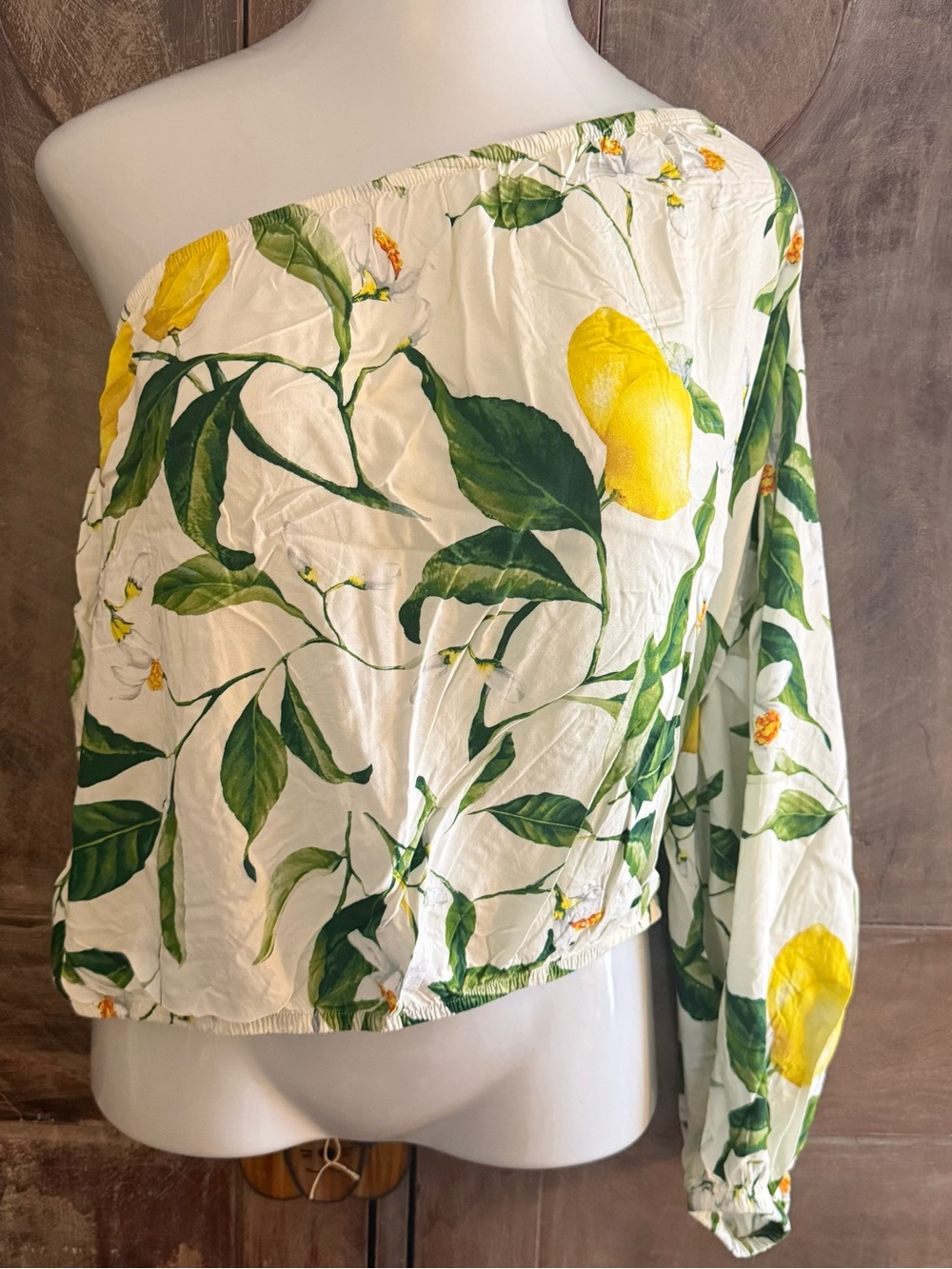 Express White Lemon Print One-Shoulder Blouse